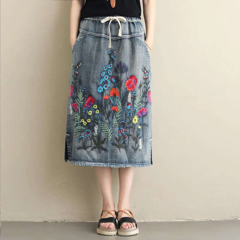 Vintage Embroidered Denim Skirt Large Size Women Korean Fashion Clothes Loose Skirts Casual Elastic Waist  Jeans Saia f1209