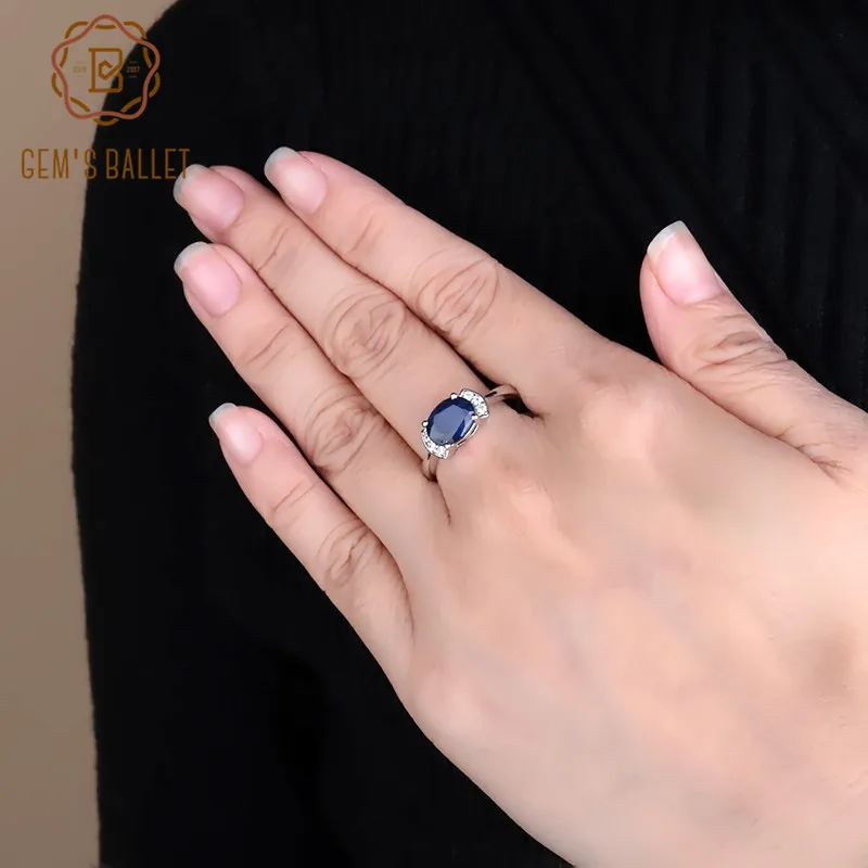 GEM\'S BALLET 2.02Ct Classic Natural Blue Sapphire Rings For Women Real 925 Sterling Silver Oval Ring Wift Anniversary Fine Gift