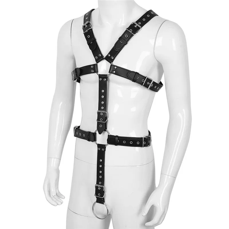 MSemis Men Leather Bondage Full Body Bondage Harness Detachable Strap with O Ring Open Crotch Men Harness Gay Adult Game