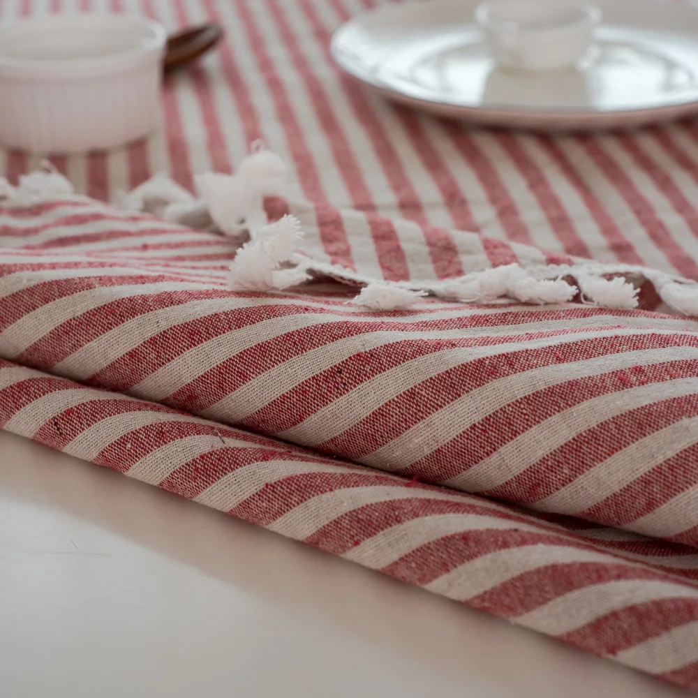 CFen A\'s Quality Dining Tablecloth Rectangle Cotton Linen Stripe Print Table Cloth Tassels Home Kitchen Banquet Table Cover 1pc