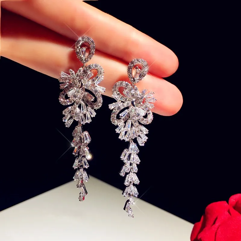 

Hyperbole Drop Earrings For Women 925 Flower Butterfly Long Cubic Zirconia Tassels Bridal Fine Jewelry Prevent Alergy