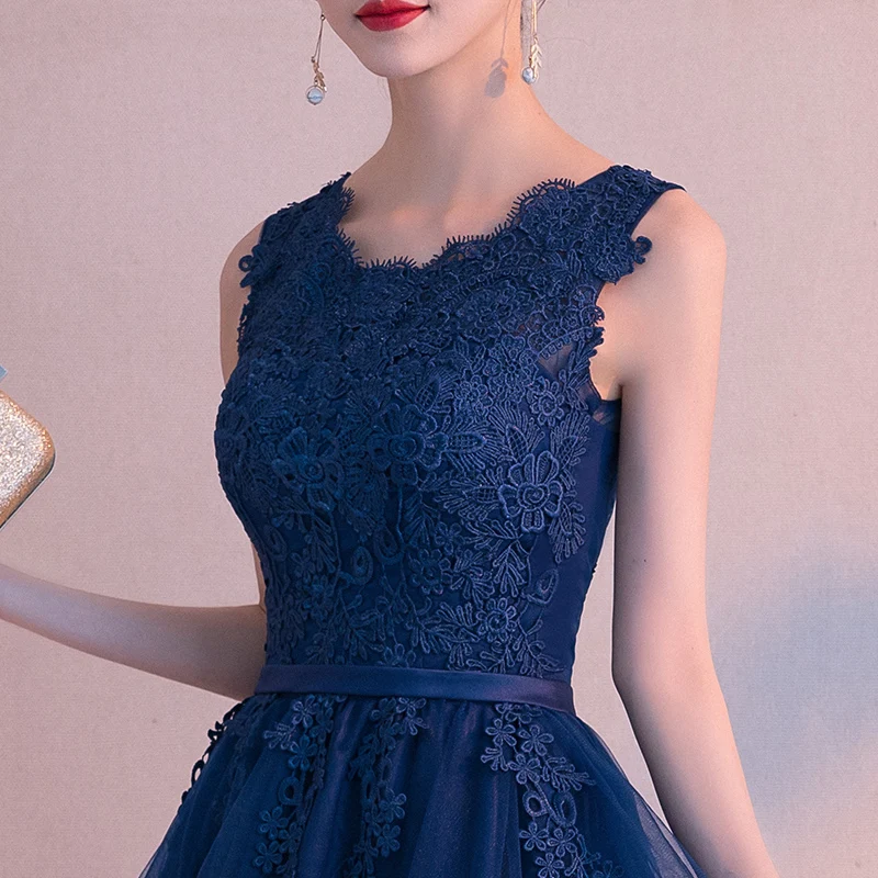 Robe de soiree Navy Blue O-Neck Sleeveless lace vestido de festa evening dress Short Front Long Back Party Dresses prom dresses