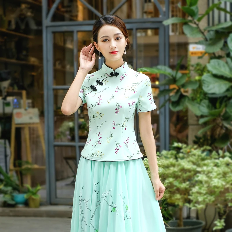 Sheng Coco Woman's Top Chinese Costume Summer Oriental Fragment Printing Shirts Beige Fine Qipao Tops 4XL Chinese Shanghai Shirt