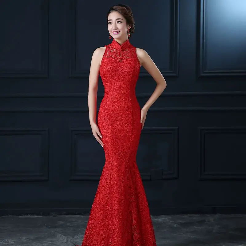 Qipao White Lace Cheongsam Modern Chinese Traditional Wedding Dress Women Oriental Collars Sexy Long Qi Pao evening mermaid gown