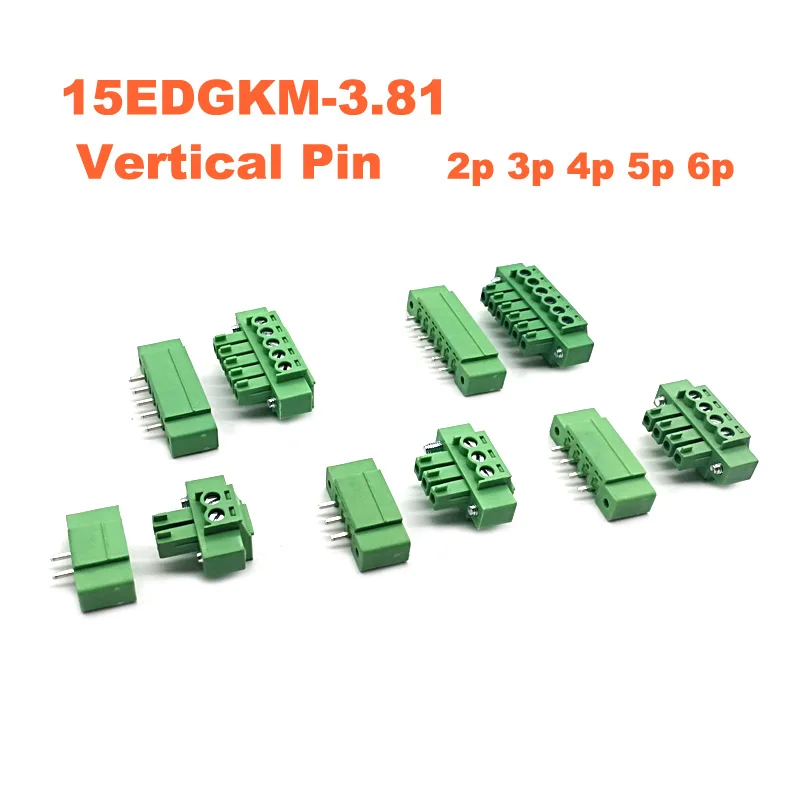 10pcs Pitch 3.81mm Vertical 2 3 4 5 6Pin Screw Plug-in PCB Terminal Block Pluggable Connector male/female 15EDGKM+VM morsettiera