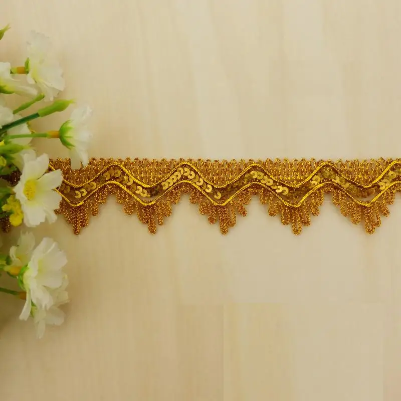 12 Yds Sequin Embroidery Lace Ribbons Cosplay Appliqued Performance Accessories Wave Crochet Lace Gold Silver Braid Trims 3.5cm