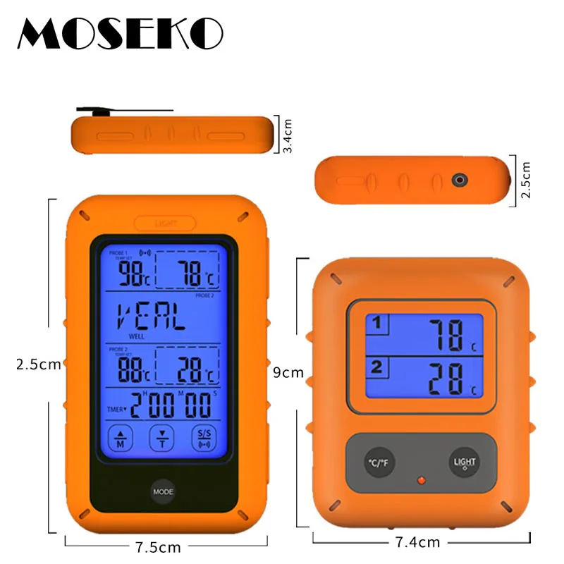 MOSEKO Touchscreen Digital Wireless Meat Thermometer Dual Probe For Oven Water Food BBQ Grill Cooking Kitchen Alarm Thermometer