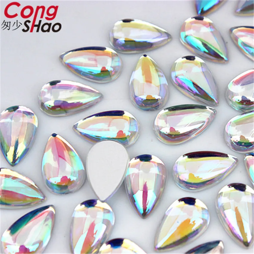 Cong Shao 100Pcs 8*13mm Colorful Drop Smooth surface flatback Acrylic Rhinestone trim stones and crystals costume Button ZZ232