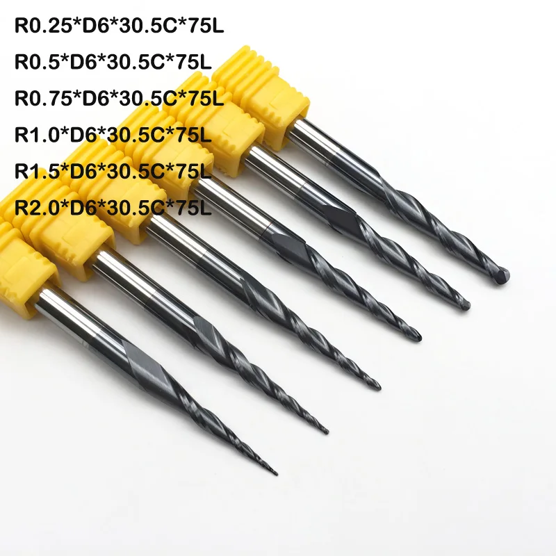 

6PCS R0.25&0.5&0.75&1.0&1.5&2.0mm 75L *2F HRC55 Tungsten solid carbide Tapered taper and cone Ball Nose Taper CNC End Mills Bits