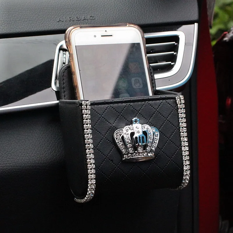 Diamond Crown Car Organizer Box Bag Air Vent Hanging Crystal Leather Universal Car Mobile Phone Holder Auto Interior Accessories