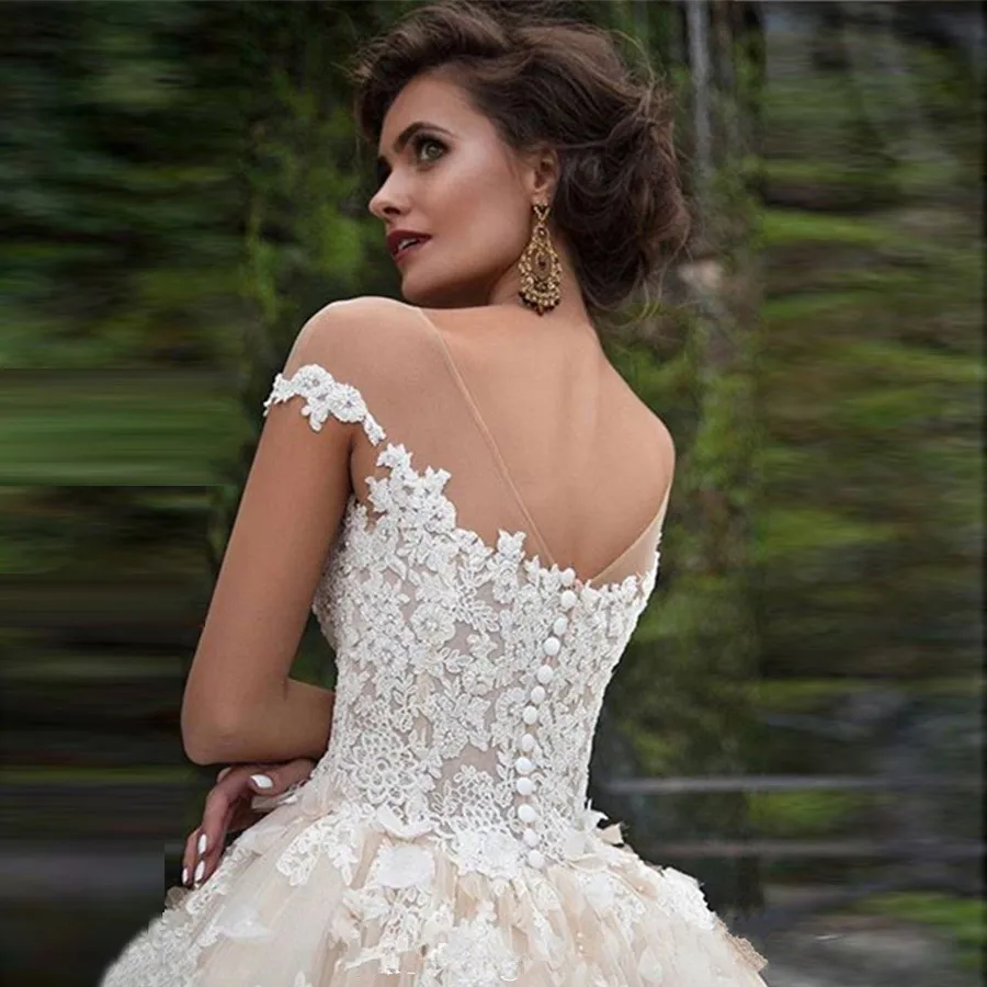 Vestido de novia Vintage de encaje turco, vestido de novia con hombros descubiertos, ilusión de princesa, joya con cuello, 2019