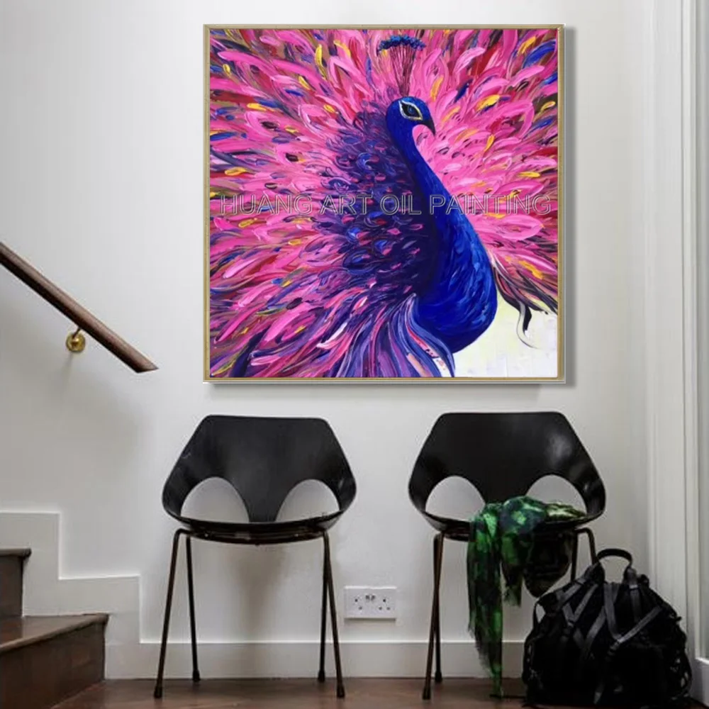 Hand-painted Knife Blue Peacock Oil Painting on Canvas Modern Animal Painting for Room Decor the Peacock Spreads its Tail Art