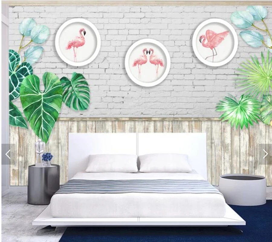 Custom leaf wallpaper, flamingo, wood brick wall painting for living room bedroom TV background wall home decor wallpaper