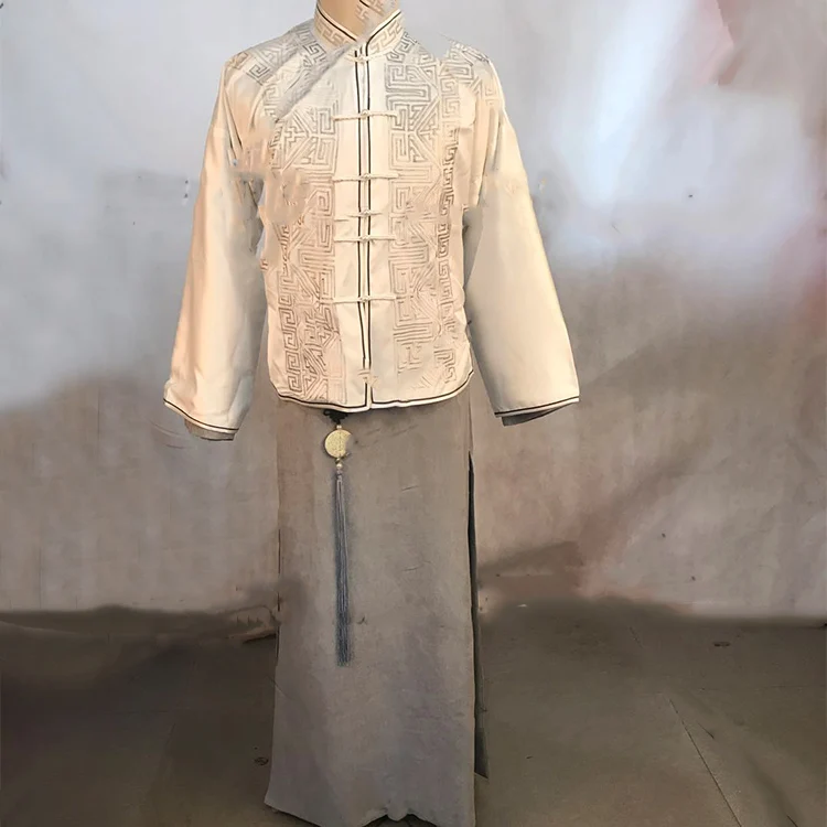 Wu Pin White Delicate Embroidery Male Costume Late Qing Dynasty Rich Men's Long Gown for Latest TV Play Nothing Gold Can Stay