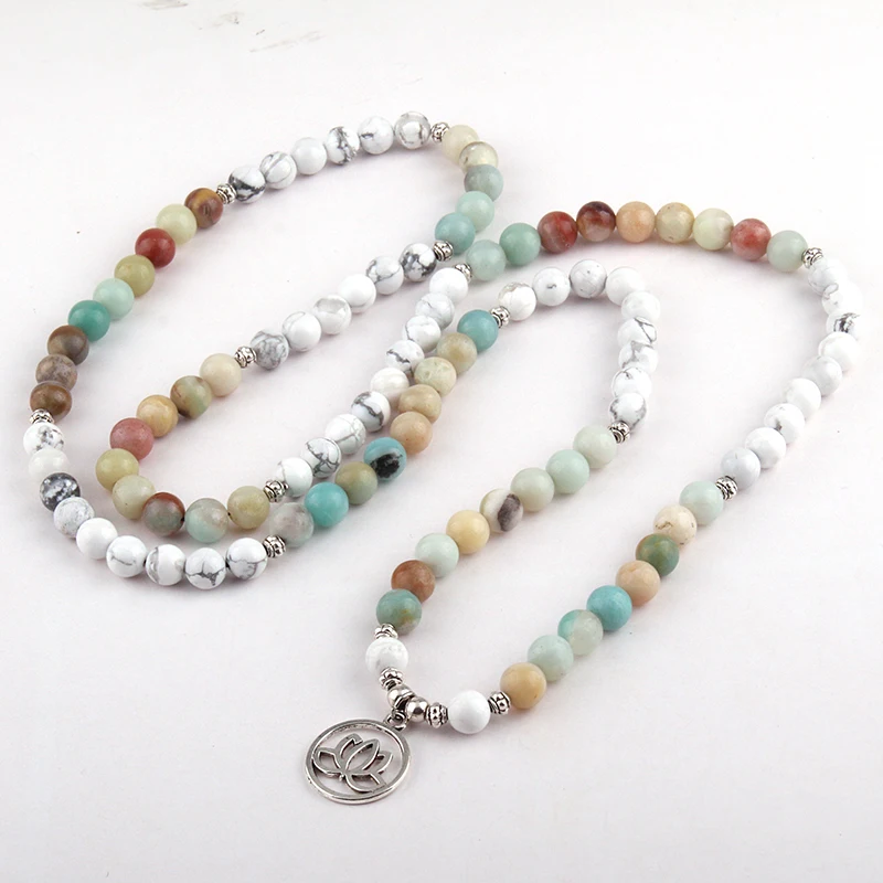 Fashion White Beads Amazonite Stones Bohemian Tribal Jewelry 108 Mala bracelet Lotus Flower Charm Necklace