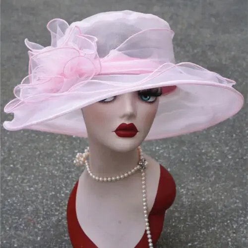 1Pcs Women Organza Fedoras Kentucky Derby Wide Brim Wedding Church Occasional Hats