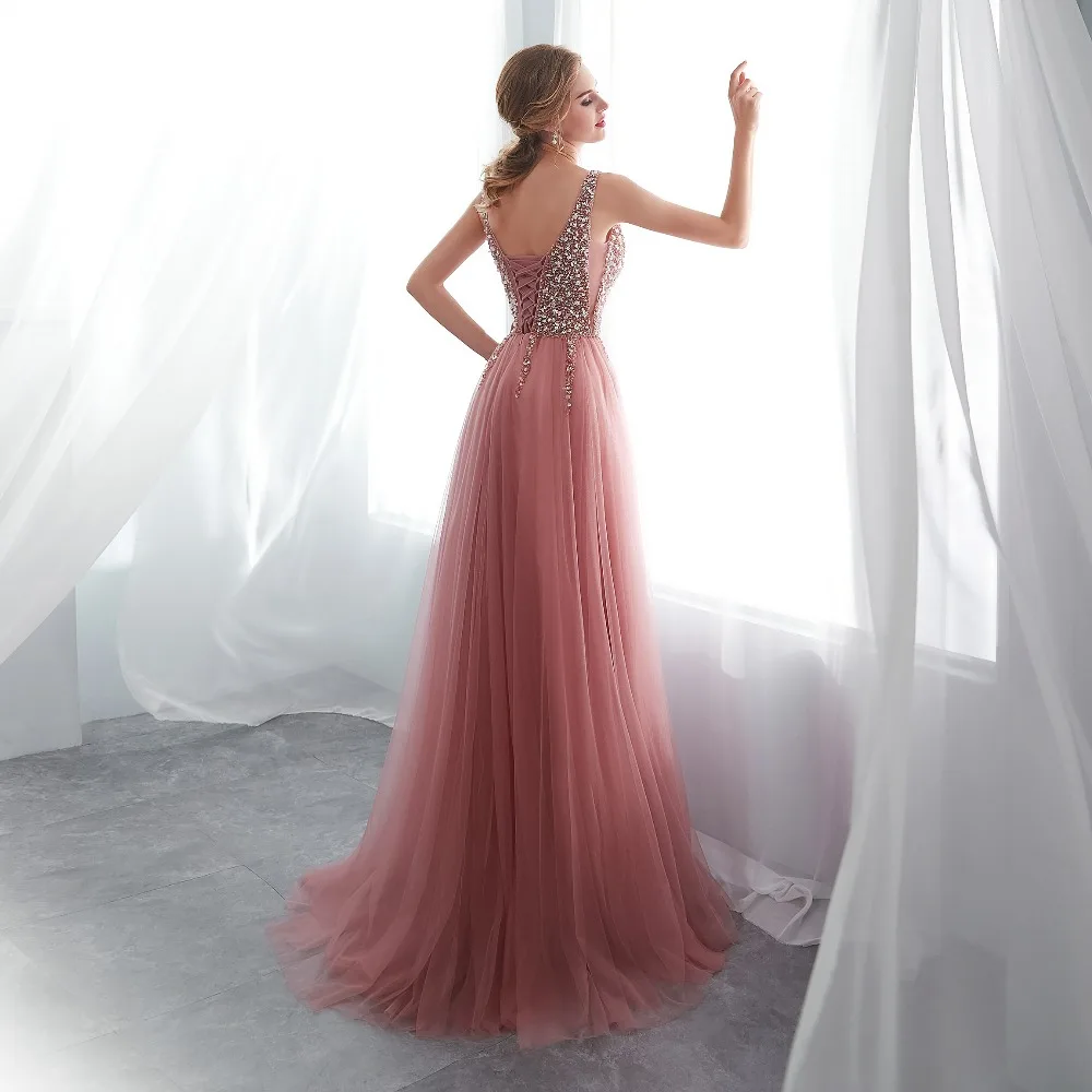 JaneVini – robe longue de demoiselle d'honneur, Sexy, décolleté en V profond, dos nu, traîne de balayage, fente haute, perles, ligne A, robes de bal formelles en Tulle