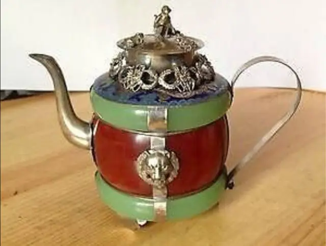 

Handwork Chinese Tibet silver jade red carved teapot Garden Decoration 100% real Tibetan Silver Brassroom Art Statue