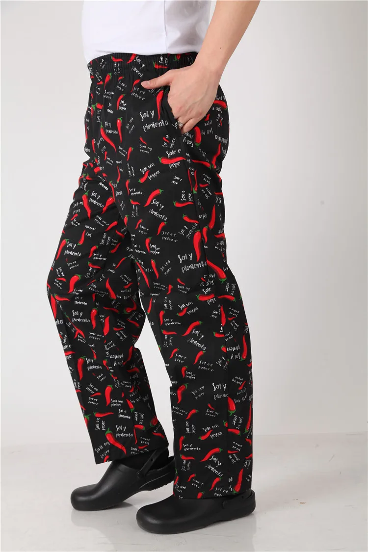 New Red Spicy Chef Pants Fashion Polyester Cotton Long Unisex Size Tight Pine Band Kitchen Trouser men red chef  pants