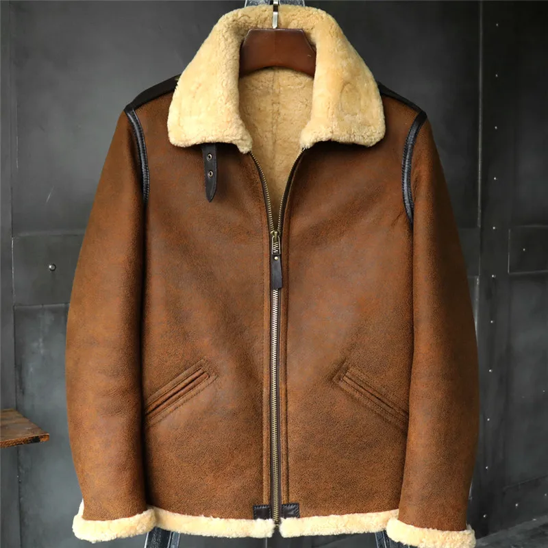 B3 Men's Shearling Jacket  Flight Jacket Short Fur Leather Jacket Imported Wool From Australia  Mans Sheepskin Aviator Fur Coat