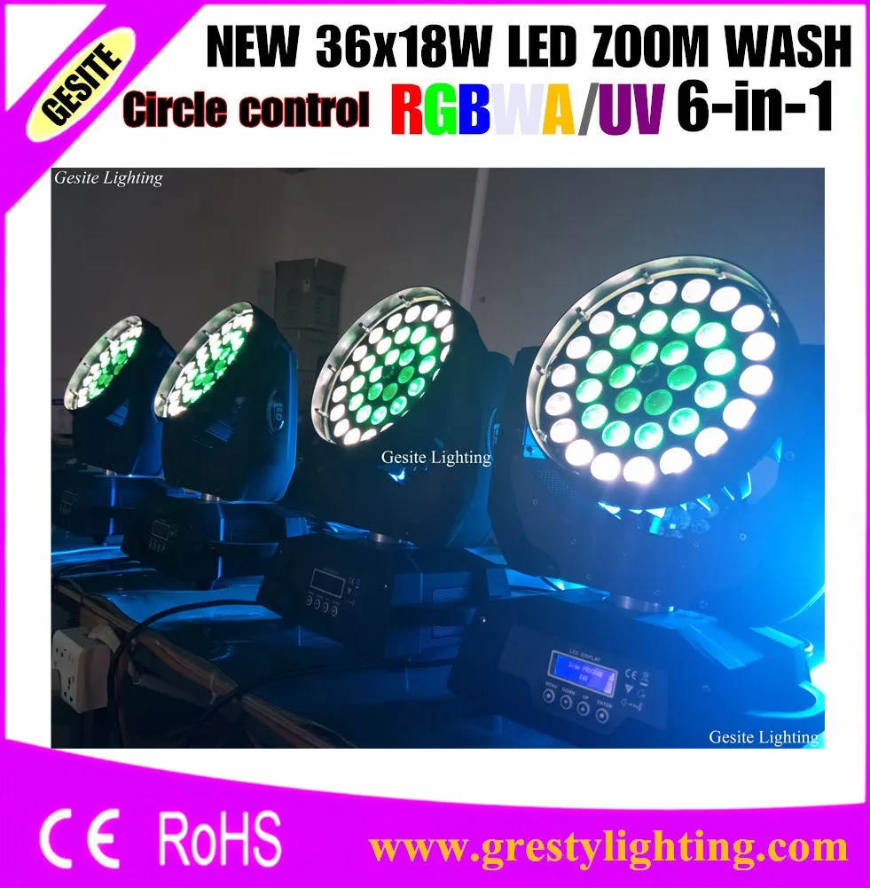 2pcs/LOT flight case pcakage circle control rgbwa+uv 6in1 led zoom wash 36x18w moving head light