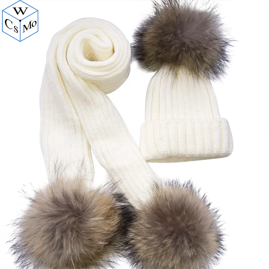 New Arrive Winter Kids Hat&Scarf Natural Real Raccoon Fur Pompom 3pcs Pom pom Beanies Children\' Warm Scarf Hats 1-8 Years Old