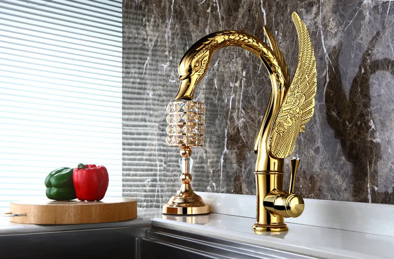 

Classic Swan Shape Single Hole Brass Bathroom Vessel Basin Sink Faucet Water Tap Gold color deck mounted tall faucet