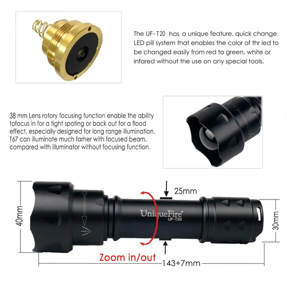 UniqueFire Military Flashlight UF-T20 XRE Led G/R/W Light Zoom 3 Modes Operating Torch with Remote Pressure