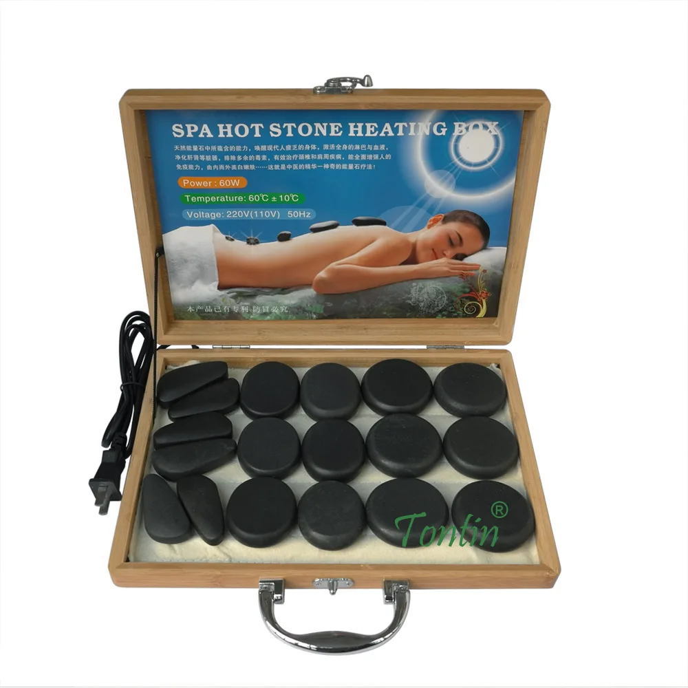 

Tontin 18pcs/set body massage stone tool hot stone with 220V/110V bamboo heater box CE and ROHS