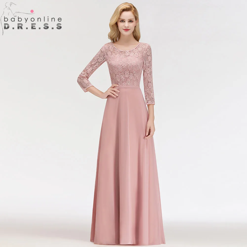 Hot Sale 3/4 Sleeve Dusty Rose Lace Long Evening Dress Sexy Illusion Chiffon Evening Gown Abendkleider Robe De Soiree Longo