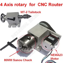 Rotazione a 4 assi Asse Estendi motore passo-passo rotativo e Nema23 Mandrino a 3 griffe da 80 mm e contropunta MT2 per fresatrice CNC per legno