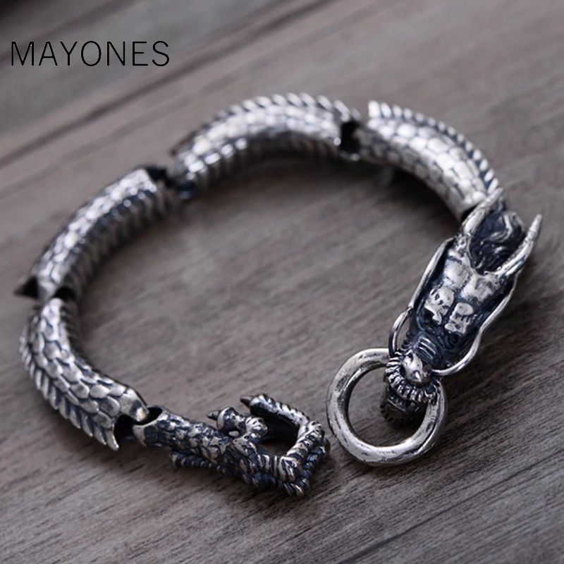 MAYONES Real 925 Sterling Silver Dragon Scale Bracelet Handmade Vintage Punk Personalized Bracelet Men Jewelry