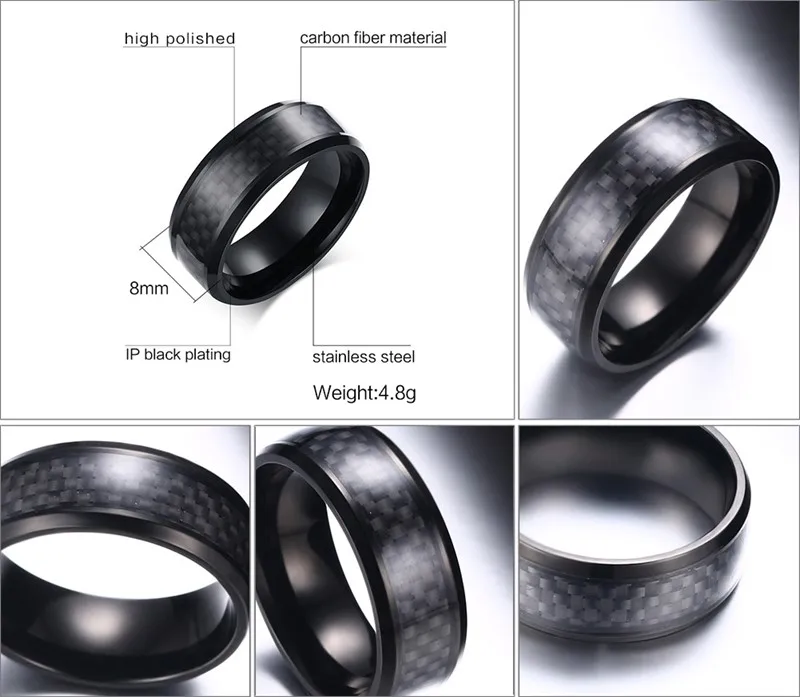 Vnox Black Carbon Fiber Punk Ring For Men 8mm Stainless Steel Wedding Mens Rings Jewelry