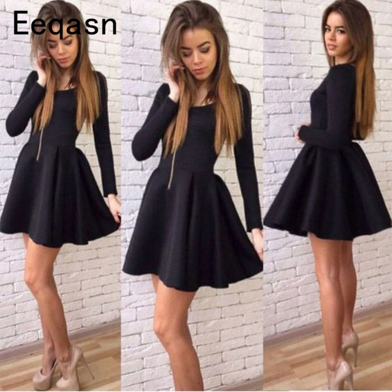 Bonito uma linha preto formatura vestidos de festa vestido curto cetim macio mangas compridas vestidos de baile de formatura