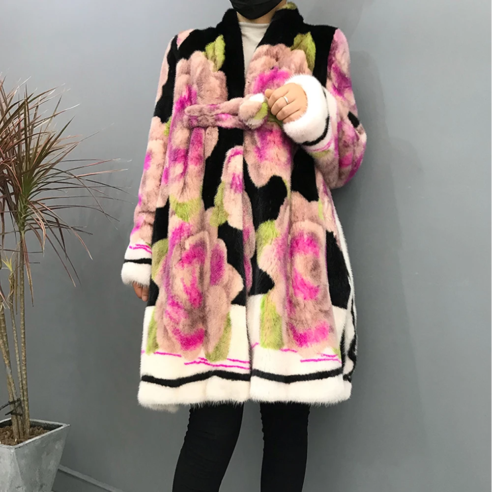 2019 New Women's Mink Fur Coat Women's Fashion Long Outwear Coat Thick Warm Fur Jacket Women's Pink Fur Coat