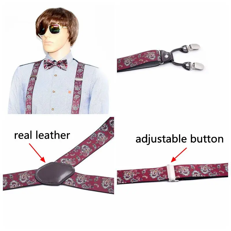 Yienws Bretele Mens Suspenders And Bow Tie Cashew Flowers Leather Suspender Mans Braces for Trousers 125cm Bretels Mannen YiA006