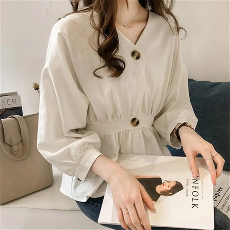 Casual Con Scollo A V Button Up Increspature Sottili delle donne Della Vita Del Manicotto Lungo Solido Camicetta Del Manicotto Del Batwing Delle Donne Della Camicia Magliette E Camicette Femminile autunno