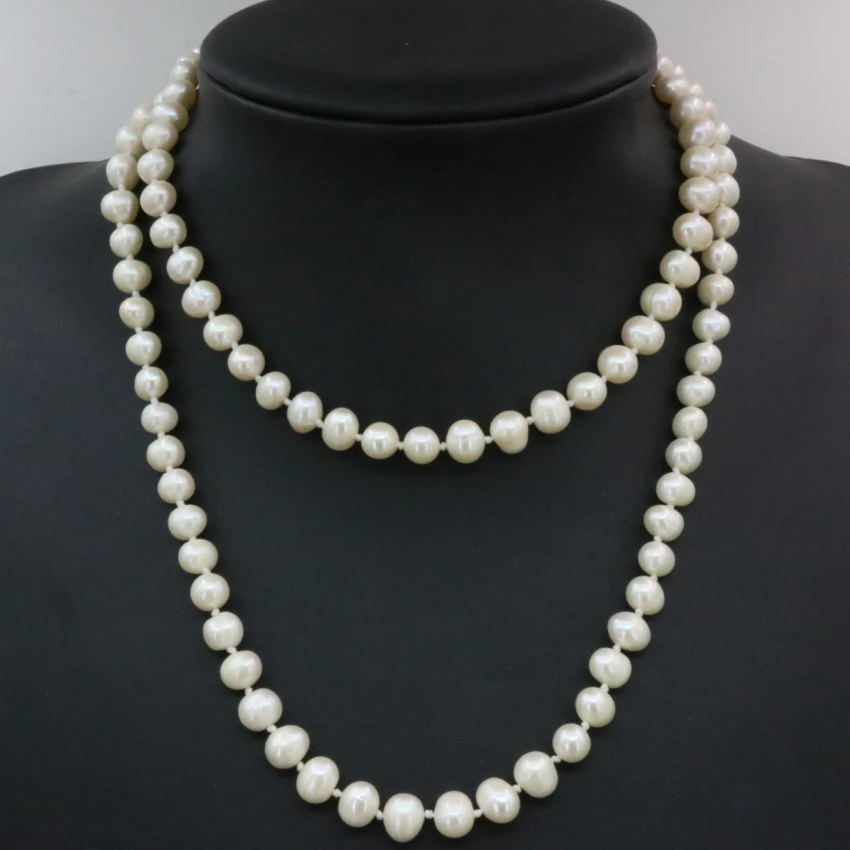 Fashion 7-8mm pearl natural pearls white beads necklace for women long chain charms jewelry making high grade gifts 36inch B3239