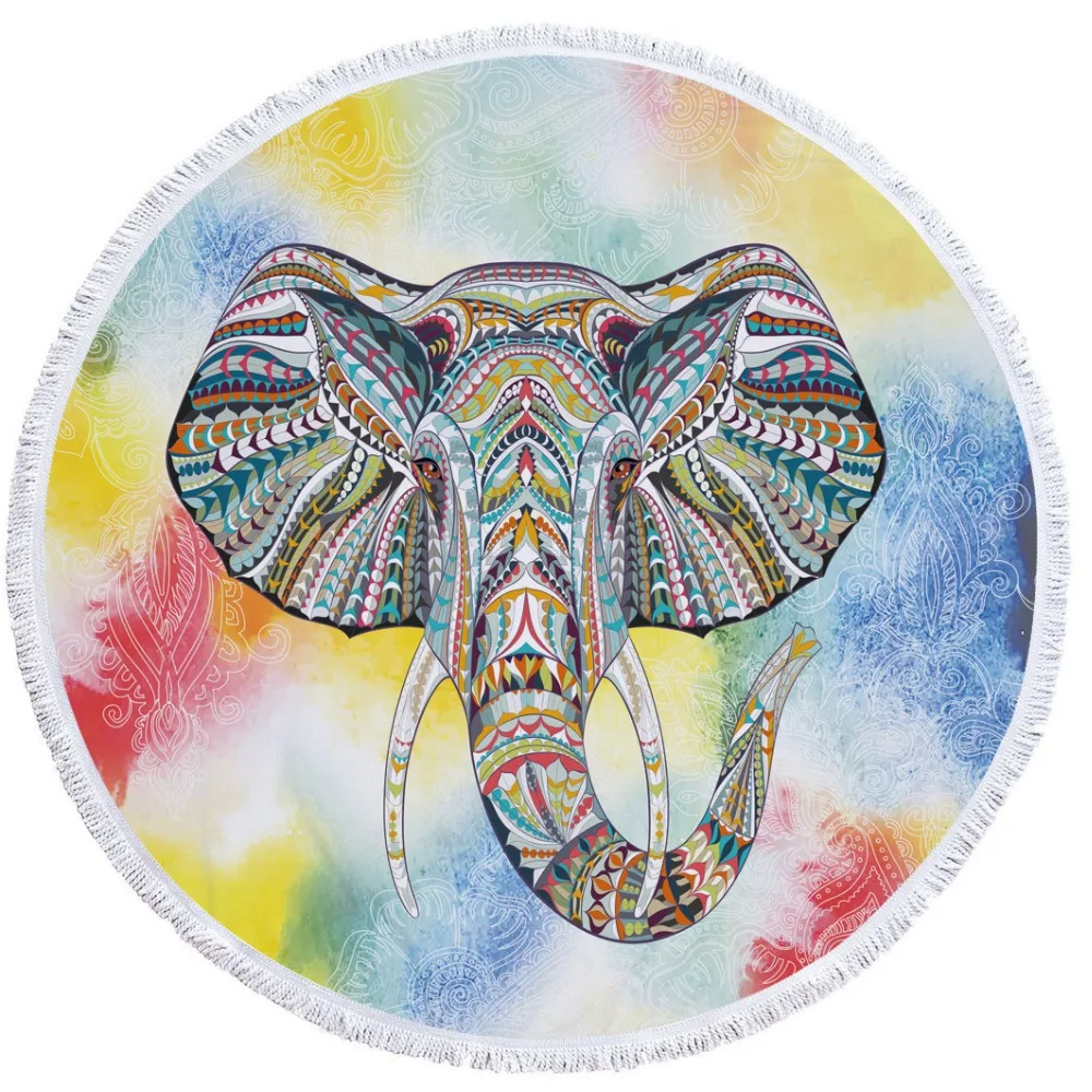 

mylb Elephant Round Beach Towel Bohemian Indian Tassel Tapestry Totem Yoga Mat Colored Microfiber Toalla Blanket 150cm