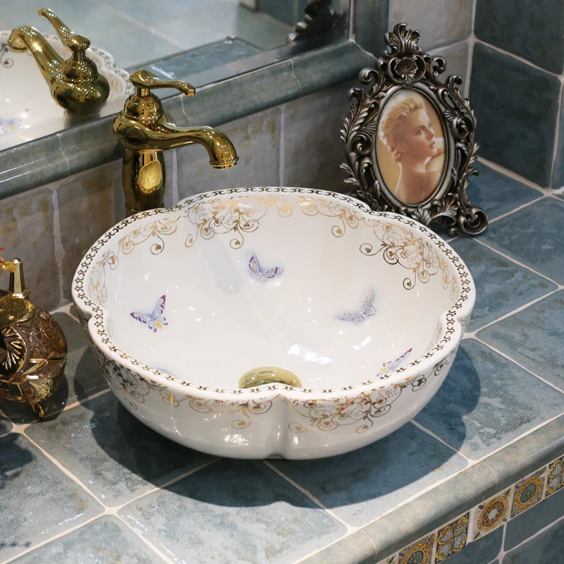 

Flower Shape Europe Vintage Art Ceramic washbasin Countertop Bathroom Sinks jingdezhen porcelain basin sink