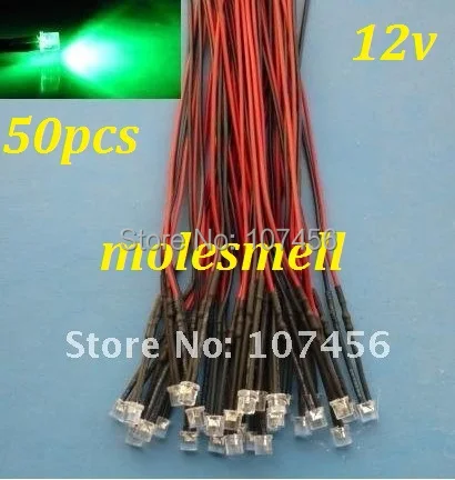 

Free shipping 50pcs 5mm Flat Top Green LED Lamp Light Set Pre-Wired 5mm 12V DC Wired 5mm 12v big/wide angle green led