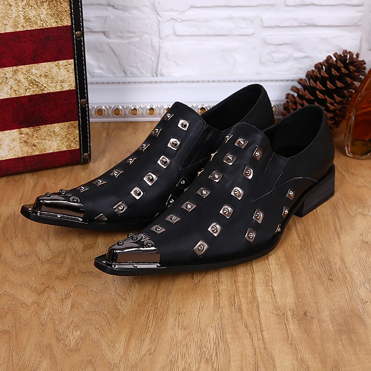 

Mens pointed toe dress shoes genuine leather italian shoes men leather loafers wedding office shoe for man rivets male Oxford