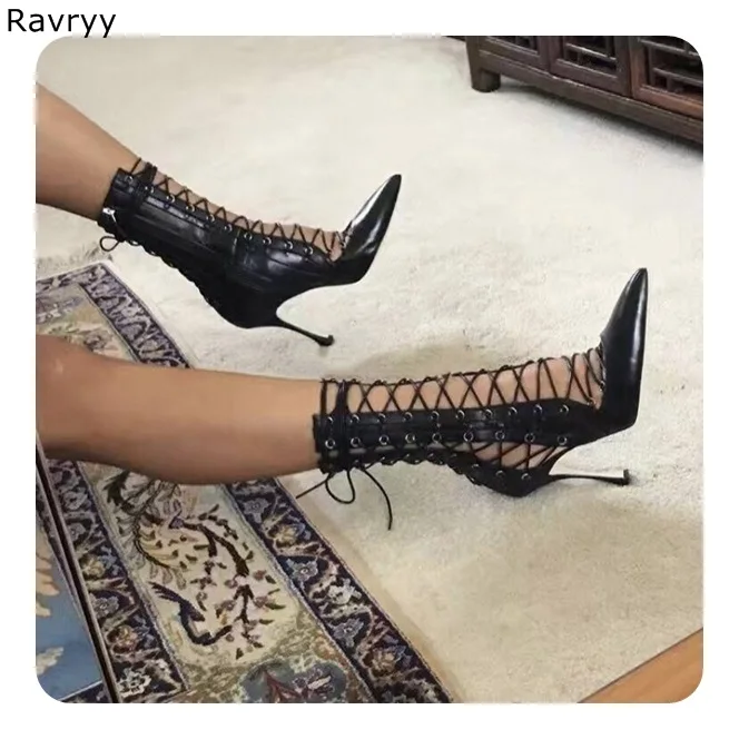 Lato koronka up sandały damskie wycięcia krótki czarny sandał buty krzyż wiązanej Sexy pompy cienki obcas kobiet party dress shoes