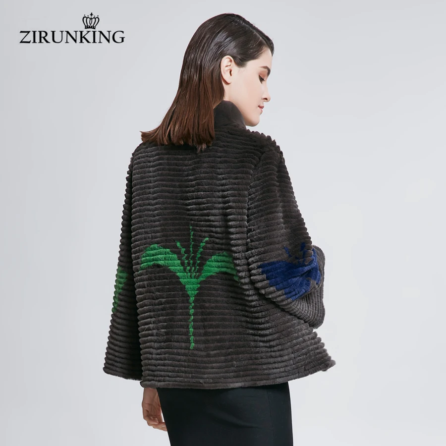 ZIRUNKING Real Fur Coats Women Natural Rex Rabbit Fur Jacket Autumn Warm Knitted Stripe Clothing Lady  Fashion Outerwear ZC1804