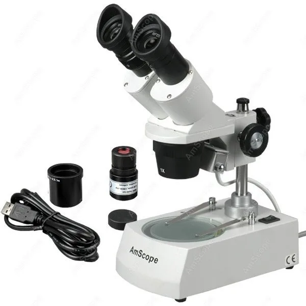 AmScope Binocular Stereo Microscope 20X-80X on Metal Trak Stand+Top&Bottom Halogen Light + 1MP Digital Eyepiece Camera