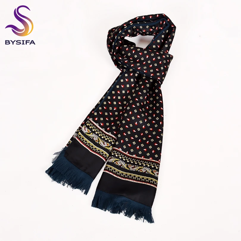 [BYSIFA] Men Business Black Silk Scarf Thicken Autumn Winter Male 100% Natural Silk Long Scarves Cravats Neck Scarf Tie 165*24cm