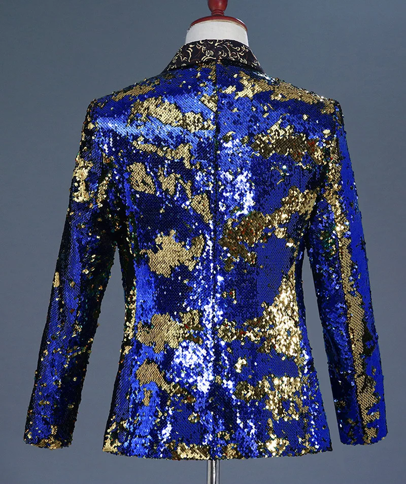 Luxury Royal Blue Sequin Dress Blazer Men Nightclub Stage Shawl Collar Mens Suit Jacket Wedding Party Stage Blazer Masculino 2XL