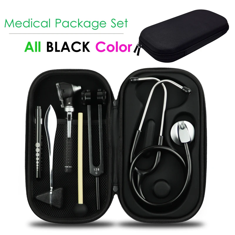 

Black Medical Health Monitor Storage Case Accessory Set and Stethoscope Otoscope Tuning Fork Reflex Hammer LED Penlight Torch