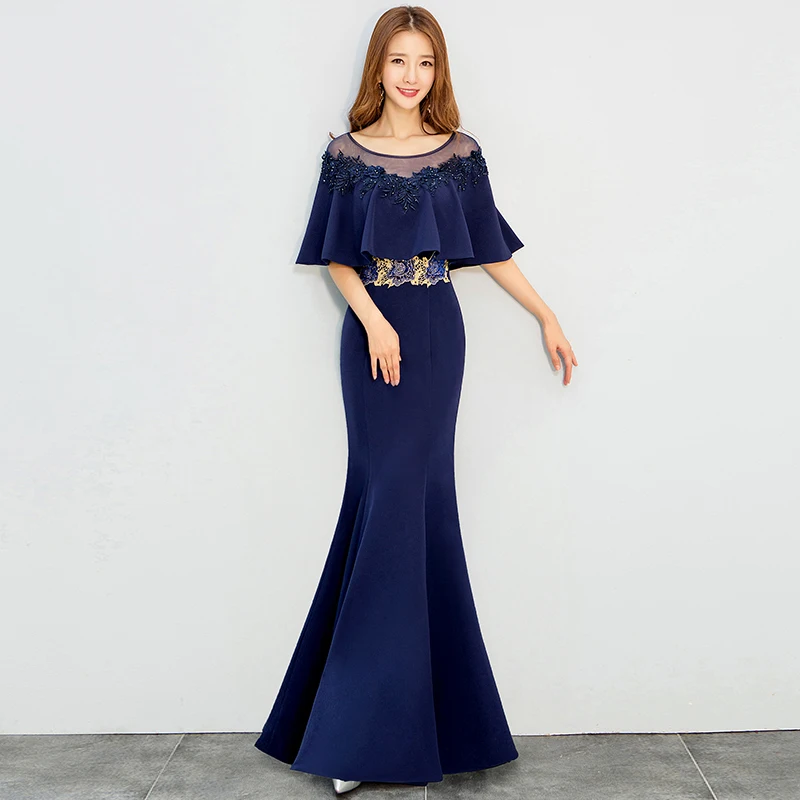 Beauty Emily Navy blue Evening Dress Cloak Cape Drape Tunic Formal Celebrity Elegant Evening Party fishtail Dress Spring