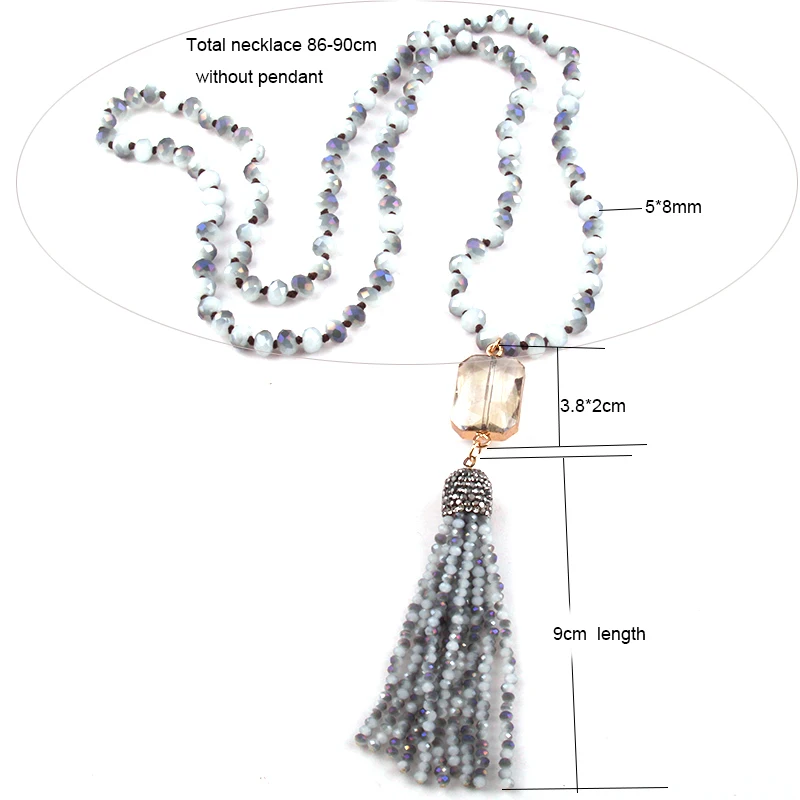 Fashion Bohemian Jewelry Glass Long Knotted Rectangle Crystal Link Tassel Necklaces For Women